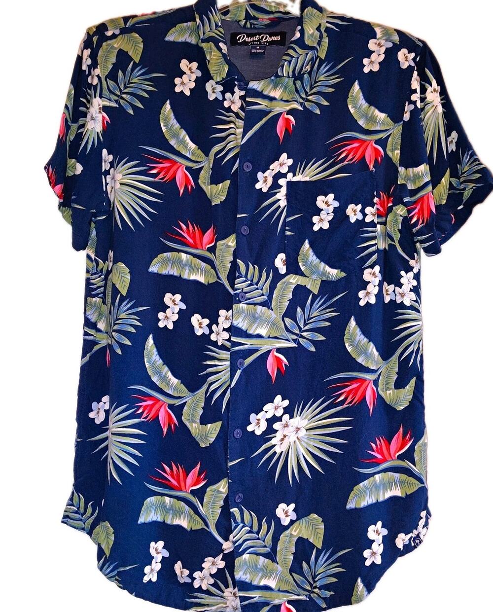 Desert Dunes Mens Medium Navy Blue Tropical Floral Hawaiian Shirt Rayon